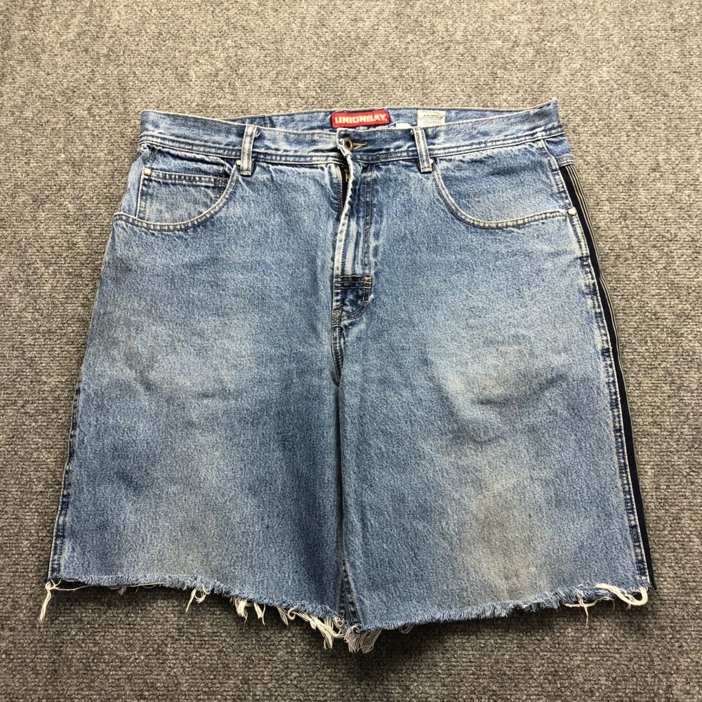 Unionbay Mens Denim Carpenter Shorts Blue Light Wash Side Stripe Cut Off Size 38